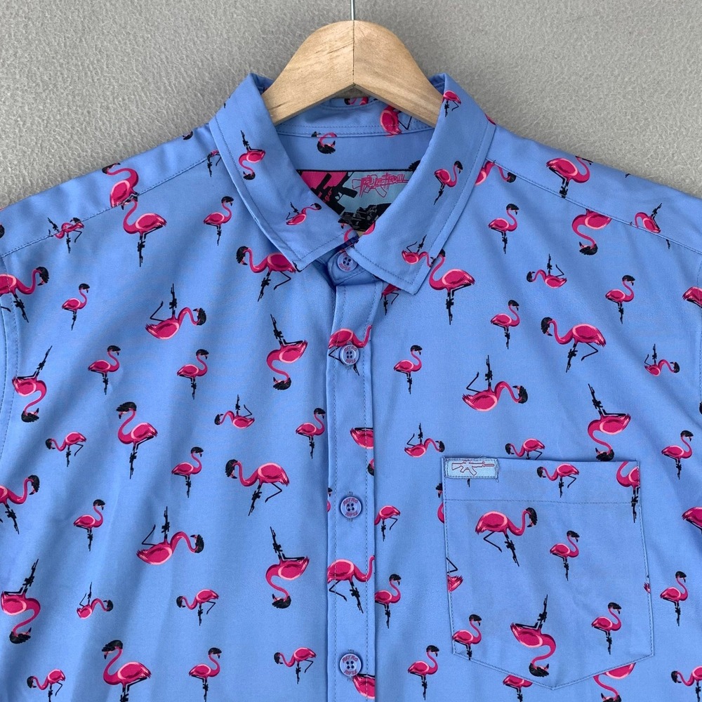Retro Rifle Tactimingo Shirt Men Medium Blue Flamingo AOP Performance Stretch